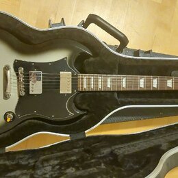 Stříbrná elektrická kytara v černém tvrdém kufru. Na hlavě hрифu je bílé logo Epiphone a nápis SG. Kytara má černý pickguard, dva humbuckery a čtyři…