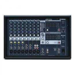 Černý mixážní pult s logem YAMAHA a označením modelu EMX312sc. Zařízení obsahuje několik vstupních kanálů s modrými a bílými potenciometry, posuvníky…