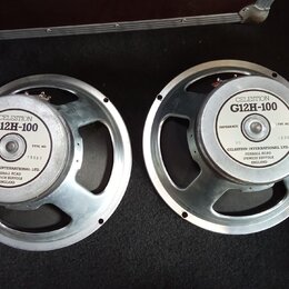 Dvě kytarové reproduktory s kovovými rámy. Na obou je bílý štítek s nápisy CELESTION G12H-100, IMPEDANCE 8 Ω, TYPE NO. T3597 a CELESTION INTERNATIONA…