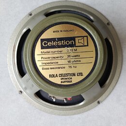 Zadní strana reproduktoru s kovovým rámem a magnetem. Na zlaté štítku je uveden nápis Celestion s logem, Model number G 12 M, Power capacity 25 watts…