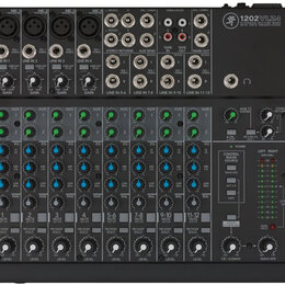 Černý mixážní pult s nápisem 1202VLZ4 a doplňkem 12-CHANNEL MIC/LINE MIXER WITH ONYX PREAMPLIFIERS. Horní část obsahuje vstupní konektory XLR a jack,…