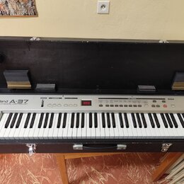 Stříbrný MIDI kontrolér Roland A-37 v černém transportním kufru s polstrováním. Na levé straně je nápis Roland A-37 MIDI KEYBOARD CONTROLLER a vprost…