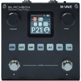 Černý efektový procesor s nápisy BLACKBOX Amp Modeler / Effects Processor a M-VAVE. Zařízení má displej s označením P21, dva otočné knoflíky s popisk…