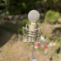 Kondenzátorový mikrofon zlaté barvy s mřížkovou hlavicí, umístěný v drátěném shockmountu na stativu. Na těle mikrofonu je čitelně napsán nápis MERCUR…