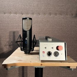 Černý kondenzátorový mikrofon s kovovou mřížkou, umístěný v černém pavoukovém držáku. Na těle mikrofonu je bílé logo SE s modrým symbolem R. Vedle ně…