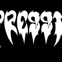 Bílý nápis IMPRESSION v agresivním, stylizovaném písmu s ostrými hroty na černém pozadí. Text je proveden v kontrastní bílé barvě.