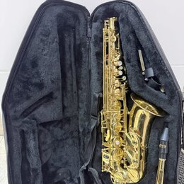 Zlatý saxofon v černém polstrovaném kufru. Na zvonu nástroje je nápis "YAMAHA". V kufru je vedle saxofonu umístěn munčník s nápisem "YAMAHA" a černý…