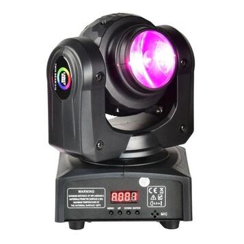 Černý svítící efekt s pohyblivou hlavou a fialovým světlem. Na boku je zelený kruhový logo s nápisem „S-LIGHT“ a text „TWIN BEAM 210“. Na spodní část…
