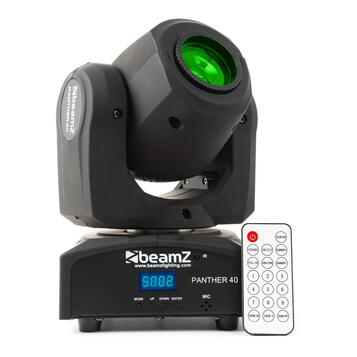 Černé pohyblivé světlo s zeleným filtrem v čočce. Na přístroji jsou bílé nápisy beamZ, PANTHER 40 a webová adresa www.beamzlighting.com. Zařízení má…