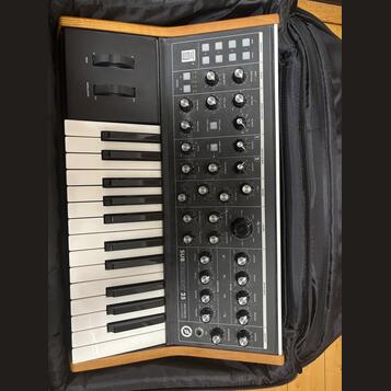 Černý syntetizátor Moog Subsequent 25 s dřevěnými bočními panely, umístěný v černé polstrované brašně. Na ovládacím panelu je nápis SUBSEQUENT 25 a l…