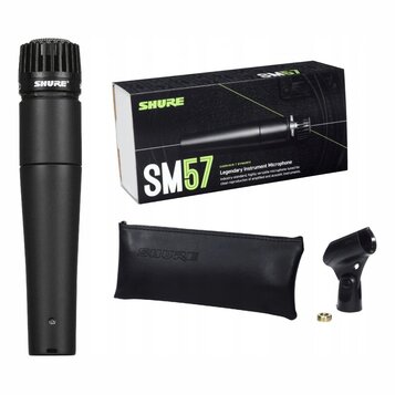 Černý dynamický mikrofon s nápisem SHURE, papírová krabice a černý textilní pouzdro s logem SHURE. Na krabici je uveden model SM57 a text CARDIOID |…