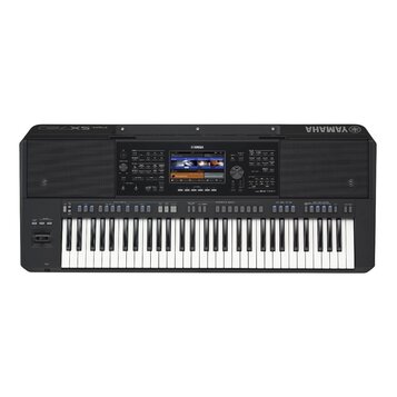 Černý digitální klavír značky YAMAHA, model PSR-SX720. Nástroj má v horní části displej s ovládacími prvky, tlačítka a dvě velké mřížky reproduktorů.…