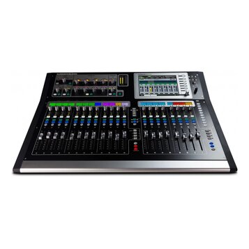 Černý digitální mixovací pult s kovovými prvky a řadou posuvníků a tlačítek. V horní části je nápis ALLEN&HEATH GLD-80 a displej s ovládacími prvky.…