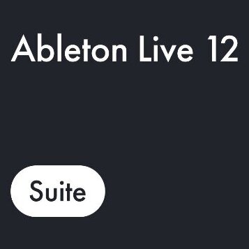 Fotografie obsahuje bílý text na tmavém pozadí. V horní části je nápis Ableton Live 12 a v dolní části se nachází bílý ovál s černým textem Suite.