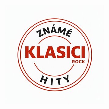 Kruhové logo s červeným vnějším okrajem na bílém pozadí. Uprostřed je červený nápis KLASICI a pod ním menší červený text ROCK. V horní části je černý…