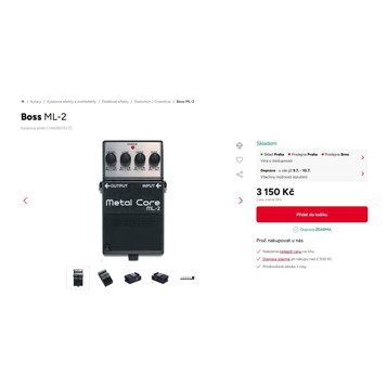 Černý kytarový efekt pedál značky Boss, model Metal Core ML-2. Na horní části jsou čtyři ovládací knoflíky s popisky LEVEL, LOW, HIGH a DIST a červen…