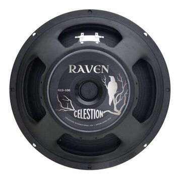 Černý reproduktor s černou membránou a kovovým rámem. Na středovém krytu jsou bílé nápisy RAVEN, G12-100 a CELESTION, doplněné nápisem CELESTION INTE…
