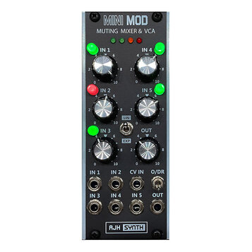 Černý modul s nápisy MINI MOD a MUTING MIXER & VCA. Obsahuje šest otočných ovladačů s kovovými krytkami, přepínač LIN/EXP a pět malých kontrolních LE…