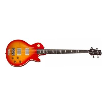 Elektrická basová kytara s červeno-žlutým gradientním lakem. Na hlavě hmatníku je bílý nápis Epiphone. Nástroj má dva snímače s kovovými kryty, čtyři…