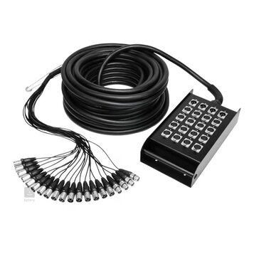Černý vícežilový kabel smodulárním rozdělením na konce. Jedna strana je připojena k černé kovové rozbočovací krabici s řadou konektorů, druhá strana…