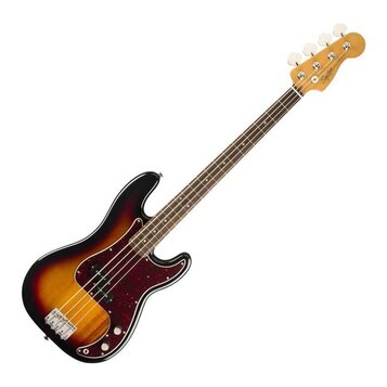Čtyřstrunná basová kytara s korpusem v barevném přechodu od žluté přes oranžovou k hnědé a černé. Nástroj má červený puntovaný pickguard a hmatník z…