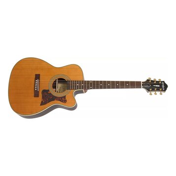 Akustická kytara s cutawayem, světlým dřevem desky a tmavými boky. Na hlavě hmatníku je bílý nápis Epiphone a na hmatníku nápis MASTERBUILT. Hmatník…
