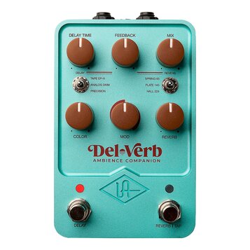 Světle modrý efekt pedál s nápisem Del-Verb AMBIENCE COMPANION. Horní řada obsahuje tři hnědé oválné knoflíky s popisky DELAY TIME, FEEDBACK a MIX. P…
