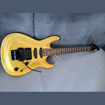 Žlutá elektrická kytara s prosvítající strukturou dřeva a hnědým hmatníkem. Na hlavě je bílý nápis "Washburn". Nástroj má dva humbuckery, jeden singl…