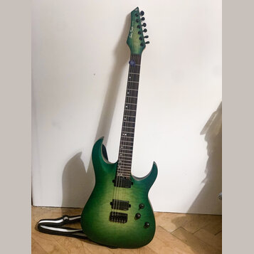 Zelená elektrická kytara s výraznou strukturou dřeva na těle a hmatníku. Na hlavě je nápis „Hardy Brother Custom“. Nástroj má dva humbuckery, dva ovl…