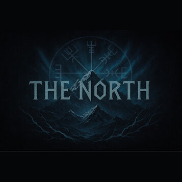 Digitální grafika s nápisem THE NORTH v šedé barvě. V pozadí jsou zobrazeny tmavě modré hory a kruhový symbol s runovými znaky. Celkový obraz má tmav…