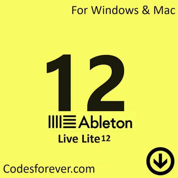 Grafika na žlutém pozadí s černým textem. Uprostřed je velké číslo 12, pod ním logo Ableton a nápis Live Lite 12. V horní části je text For Windows &…