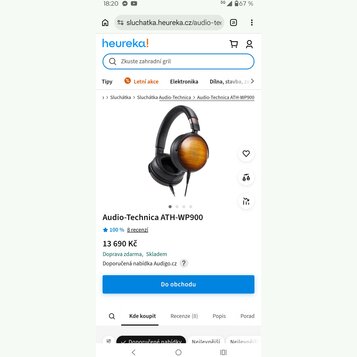 Snímek zachycuje černá uzavřená sluchátka s náušníky z hnědého dřeva s viditelnou strukturou zrn. Na stránce je uveden název modelu Audio-Technica AT…