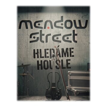 Černá elektrická housle s dutým korpusem a přiloženým smyčcem. Na pozadí je šedá stěna s nápisy „m endowed street“ a „HLEDÁME HOUSLE“. Vedle nástroje…