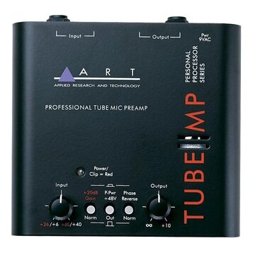 Černý předzesah s nápisy ART APPLIED RESEARCH AND TECHNOLOGY a PROFESSIONAL TUBE MIC PREAMP. Na pravém boku je svisle napsáno PERSONAL PROCESSOR SERI…