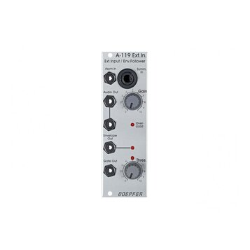 Bílý modul s nápisy A-119 Ext.In. a Ext.Input / Env.Follower. Obsahuje vstupy Asym.In a Symm.In, výstupy Audio Out, Envelope Out a Gate Out, dva otoč…