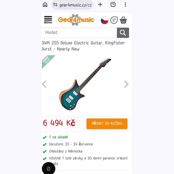 Snímek zobrazuje elektrickou kytaru s trupem v modro-hnědém přechodovém odstínu (burst) a černým hmatníkem. Nástroj má dva humbuckery, jeden potencio…