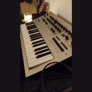 Stříbrný klaviatura synthesizer s bílými a černými klávesami. Na horní části jsou umístěny knoflíky, přepínače a tlačítka s nápisy jako PROGRAM VALUE…