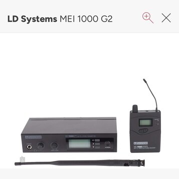 Černý bezdrátový vysílač a přijímač. Na vysílači je nápis LD SYSTEMS, MEI1000G2 UHF PLL STEREO TRANSMITTER a tlačítka SET s šipkami oraz POWER. Přijí…