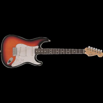 Elektrická kytara typu Stratocaster s korpusem v přechodové barvě od oranžové po černou. Bílý pickguard obsahuje tři snímače a ovládací knoflíky, na…