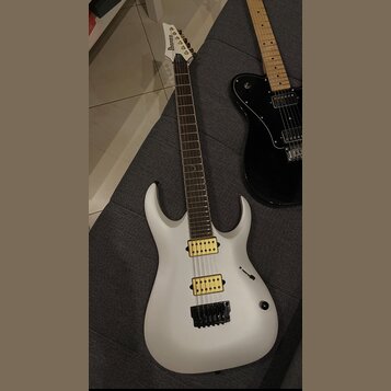 Bílá elektrická kytara s matným povrchem a hnědým hmatníkem. Na hlavě je nápis Ibanez, na těle jsou dva žluté humbuckery a černý kobylník. Vedle ní l…