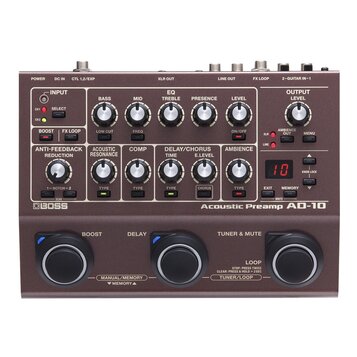 Hnědý kytarový předzesilovač s nápisy BOSS a Acoustic Preamp AD-10. Zařízení obsahuje řadu ovládacích potenciometrů, přepínačů a červené digitální di…