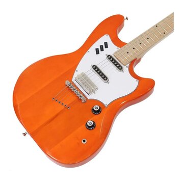 Oranžová elektrická kytara s bílým pickguardem a hnedým hmatníkem. Nástroj má dva snímače typu humbucker s kovovými kryty a dva černé ovládací knofík…