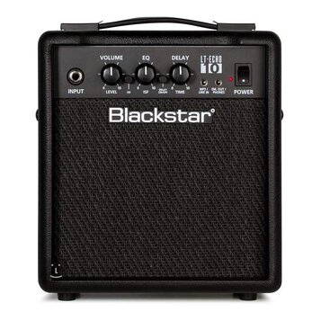 Černý kytarový kombo zesilovač značky Blackstar. Horní ovládací panel obsahuje vstup INPUT, čtyři otočné ovladače s popisky VOLUME LEVEL, EQ ISF, DEL…