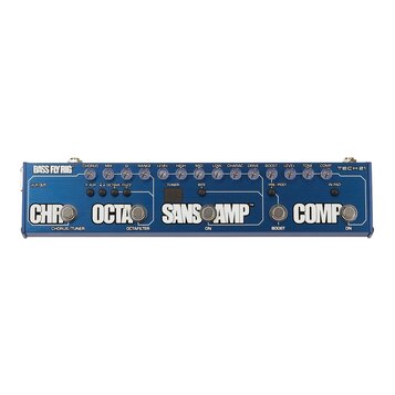 Modrý basový procesor s nápisy BASS FLY RIG® a TECH 21. Zařízení obsahuje řadu ovládacích potenciometrů s popisky CHORUS, MIX, Q, RANGE, LEVEL, HIGH,…