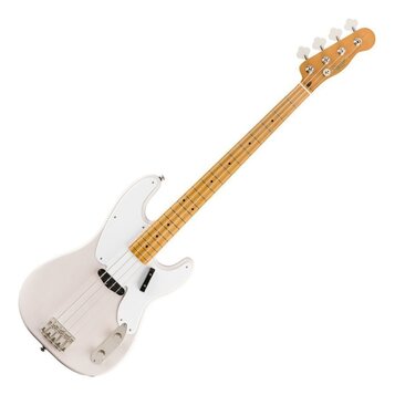 Bílá elektrická basová kytara s bílým pickguardem a hnedým hmatníkem. Na hlavě je vidět nápis "Fender". Nástroj má čtyři struny, dva snímače a chromo…