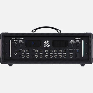 Černý kytarový kombozesilovač s úchytem, nápisem WAZA AMP HEAD 75 a logem BOSS. Uprostřed je bílý nápis WAZA CRAFT pod japonským znakem. Přední panel…