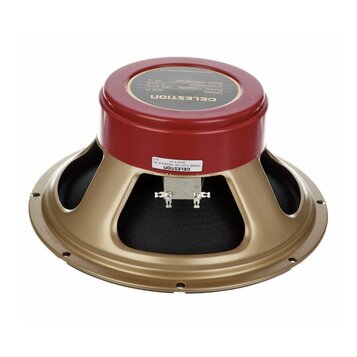 Reproduktor s červeným magnetem a zlatavým kovovým rámem. Na horní části magnetu je štít s nápisy CELESTION, Model G12H, Power Handling 150 watts, Im…