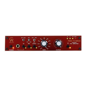 Červený předzesilovač s nápisy PROJECT, PRE-73 MKIII a VINTAGE PRE AMPLIFIER. Zařízení má dva velké ovládací knoflíky s popisky GAIN a OUTPUT, tlačít…