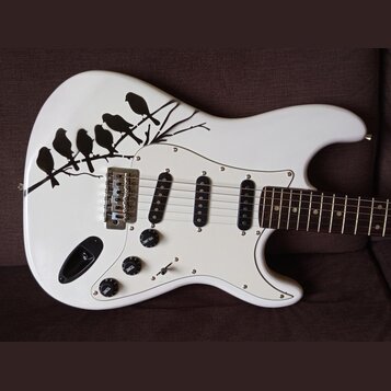 Bílá elektrická kytara s tvarem typu Stratocaster a bílým pickguardem. Na horní části korpusu je černý grafický motiv větve s pěti ptáky. Nástroj má…