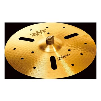Zlatý kovový činel s výrazným kladivečkováním a třemi oválnými otvory. Na povrchu jsou nápisy ZHT a Zildjian. Činel je umístěn na černém držáku.